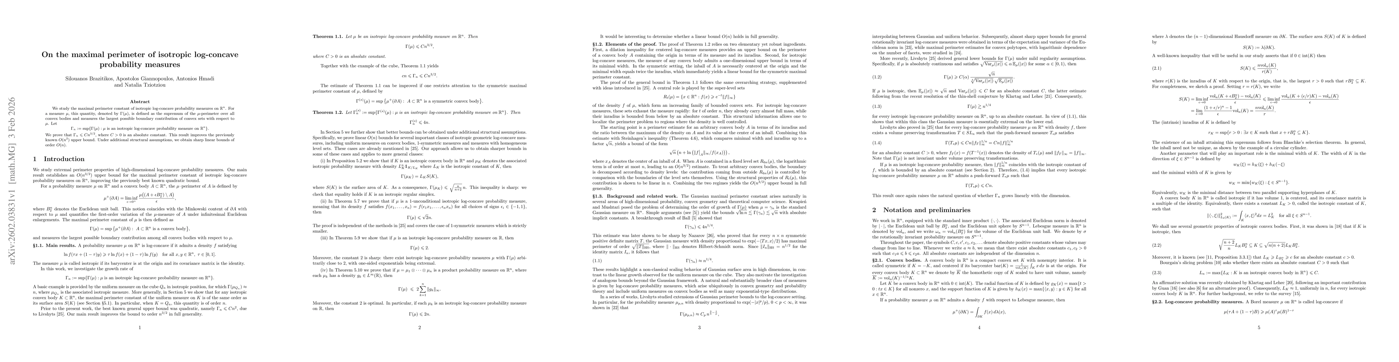 Thumbnail for On the maximal perimeter of isotropic log-concave probability measures