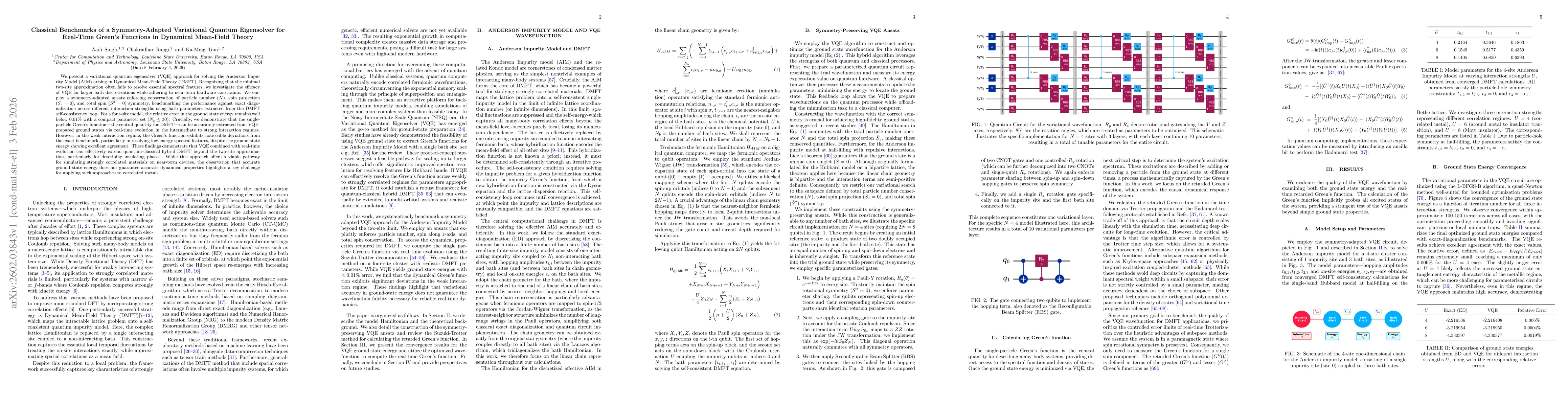 Thumbnail for Classical Benchmarks of a Symmetry-Adapted Variational Quantum Eigensolver for Real-Time Green's Functions in Dynamical Mean-Field Theory