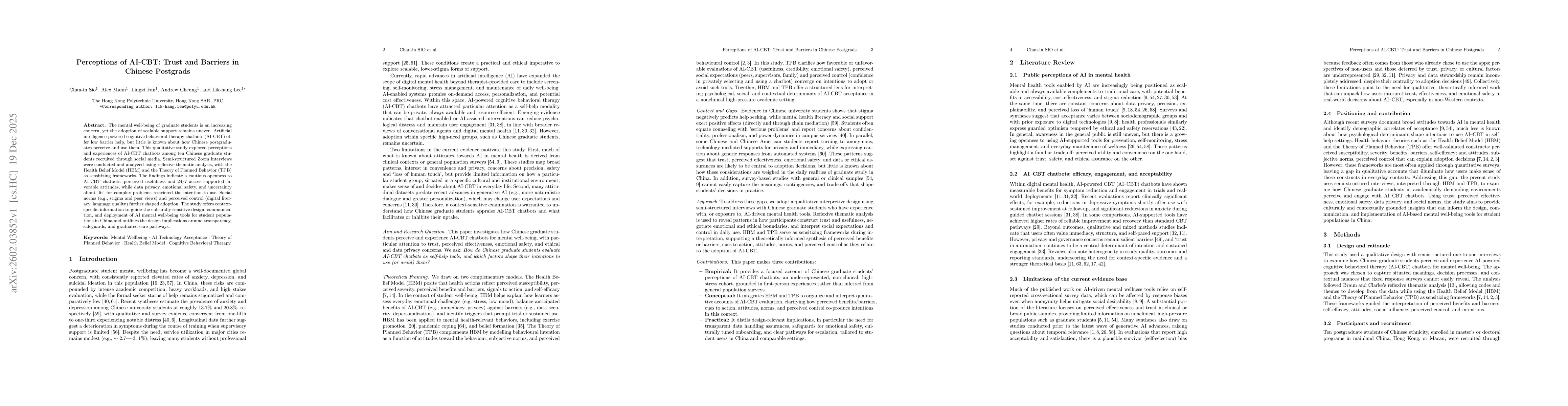 Thumbnail for Perceptions of AI-CBT: Trust and Barriers in Chinese Postgrads