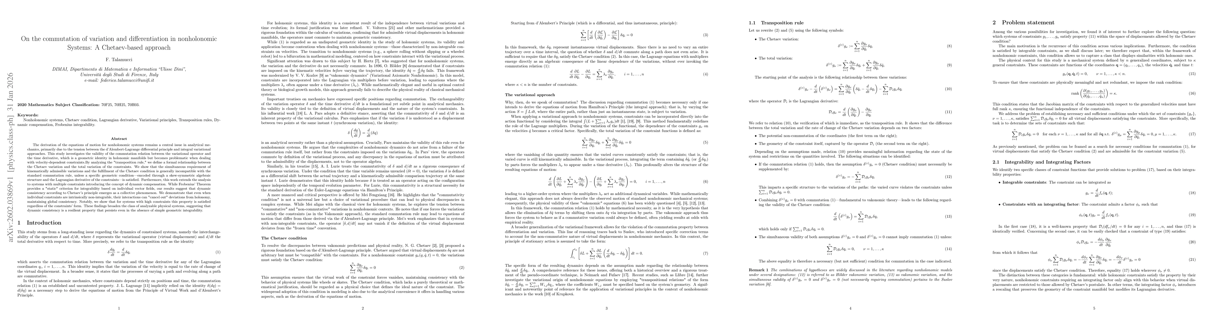 Thumbnail for On the commutation of variation and differentiation in nonholonomic Systems: A Chetaev-based approach