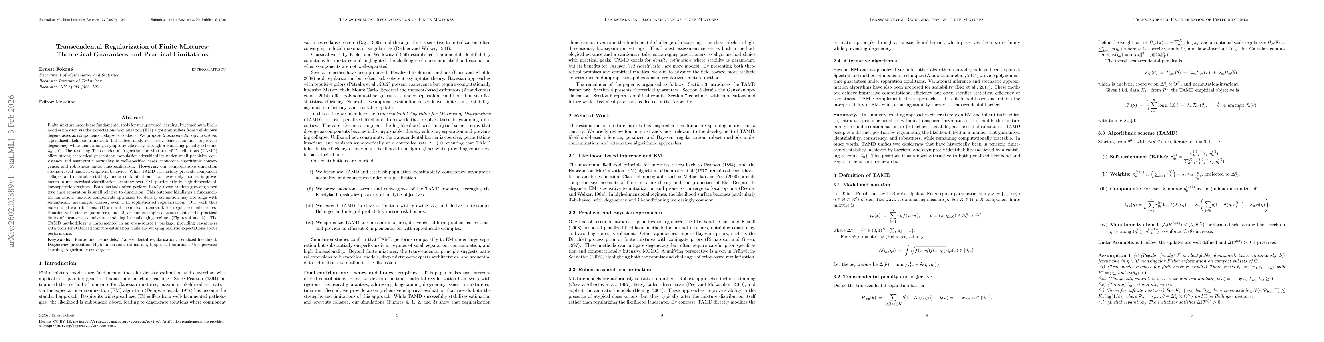 Thumbnail for Transcendental Regularization of Finite Mixtures:Theoretical Guarantees and Practical Limitations