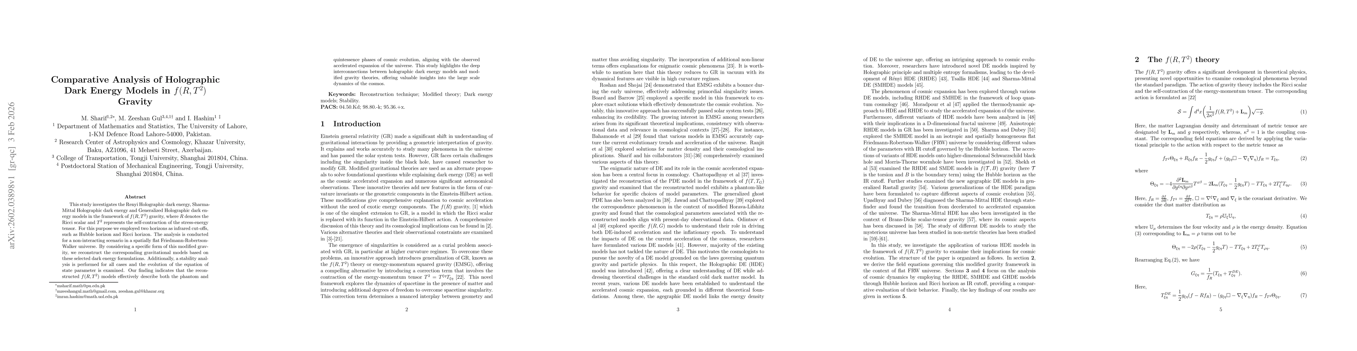 Thumbnail for Comparative Analysis of Holographic Dark Energy Models in $f(R,T^2)$ Gravity