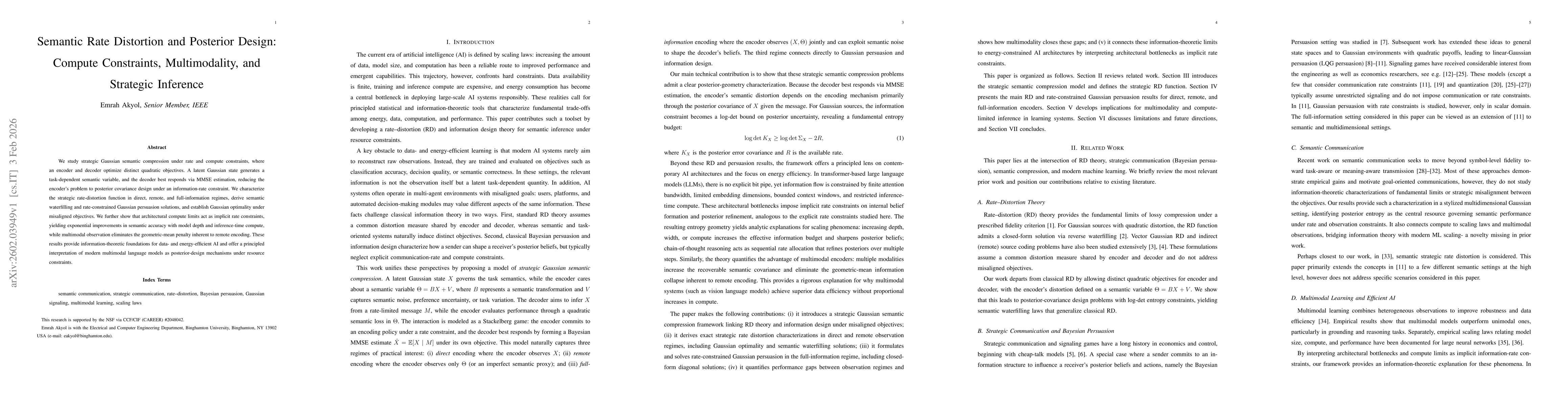 Thumbnail for Semantic Rate Distortion and Posterior Design: Compute Constraints, Multimodality, and Strategic Inference