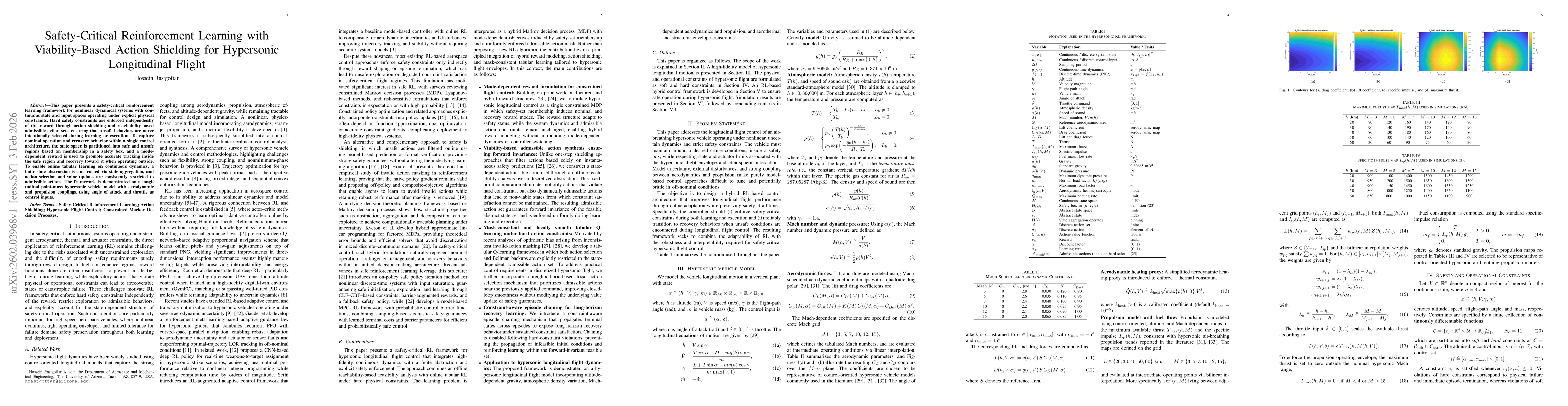 Thumbnail for Safety-Critical Reinforcement Learning with Viability-Based Action Shielding for Hypersonic Longitudinal Flight
