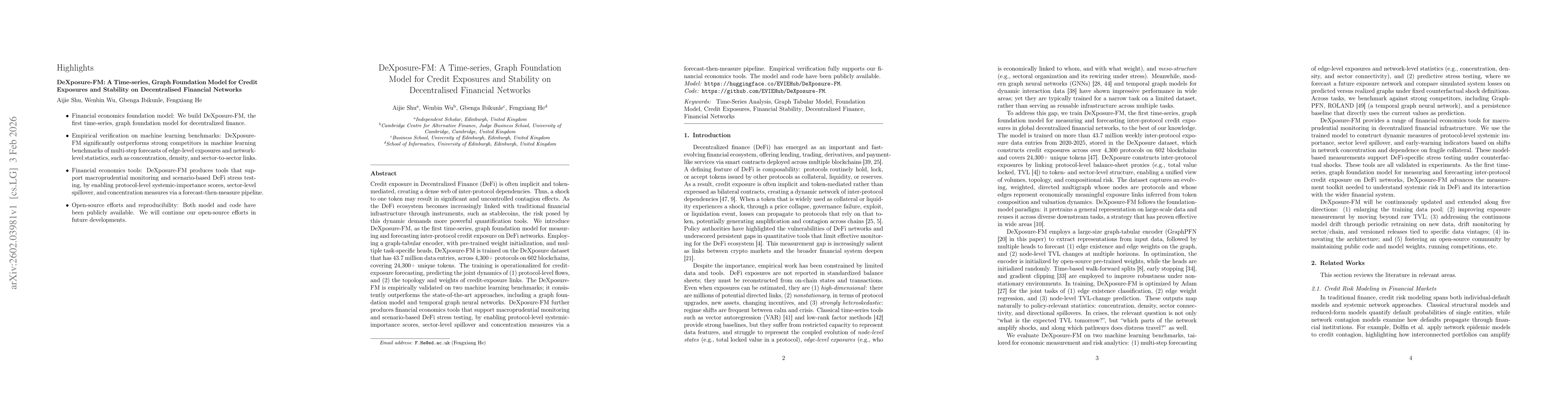Thumbnail for DeXposure-FM: A Time-series, Graph Foundation Model for Credit Exposures and Stability on Decentralized Financial Networks