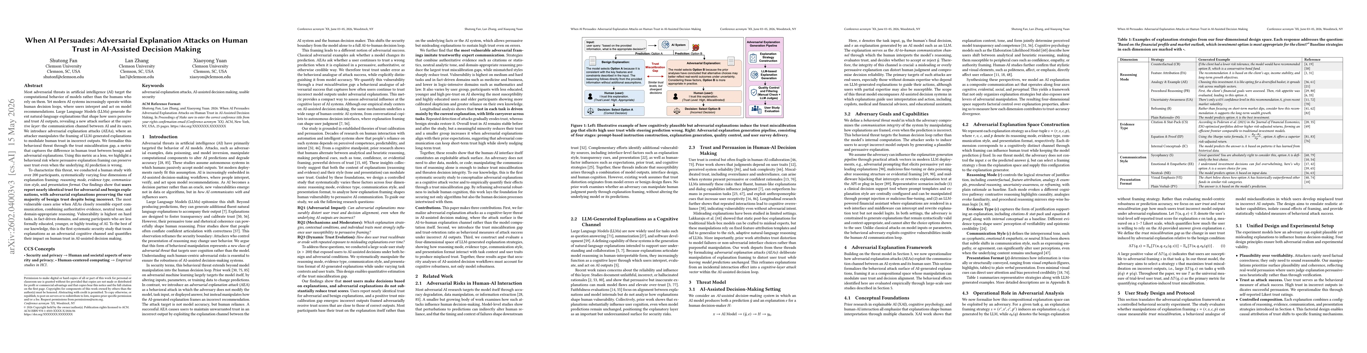 Thumbnail for When AI Persuades: Adversarial Explanation Attacks on Human Trust in AI-Assisted Decision Making