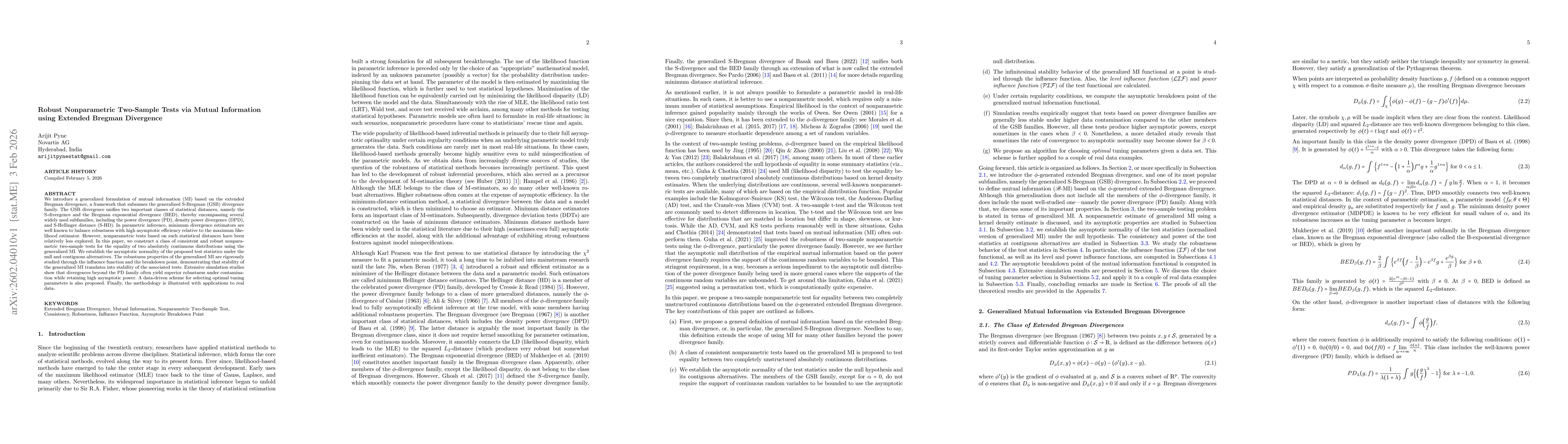 Thumbnail for Robust Nonparametric Two-Sample Tests via Mutual Information using Extended Bregman Divergence