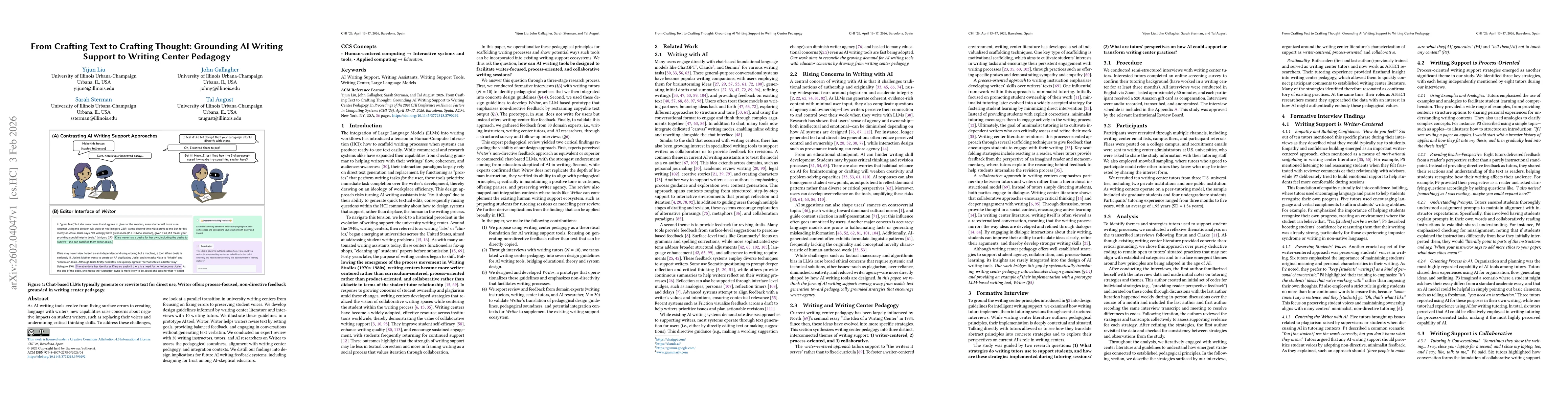 Thumbnail for From Crafting Text to Crafting Thought: Grounding AI Writing Support to Writing Center Pedagogy