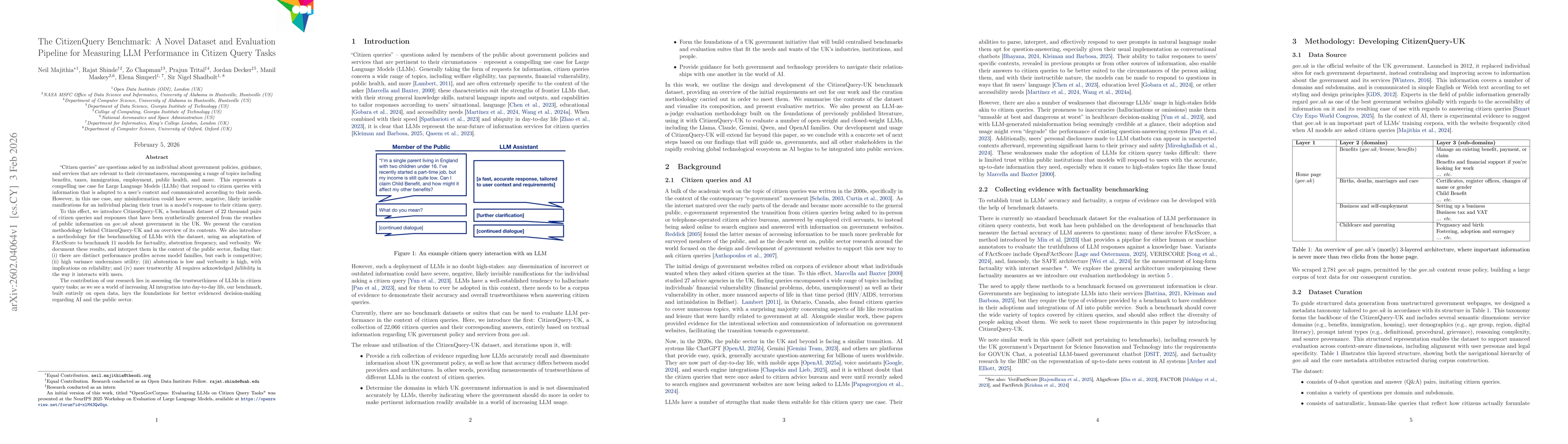Thumbnail for The CitizenQuery Benchmark: A Novel Dataset and Evaluation Pipeline for Measuring LLM Performance in Citizen Query Tasks