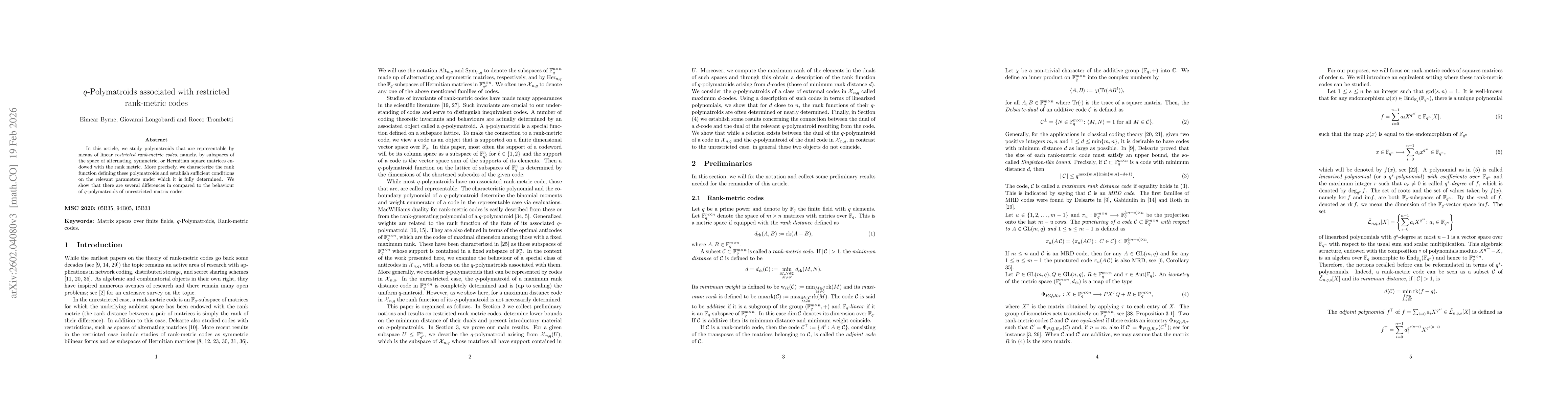 Thumbnail for q-Polymatroids associated with restricted rank-metric codes