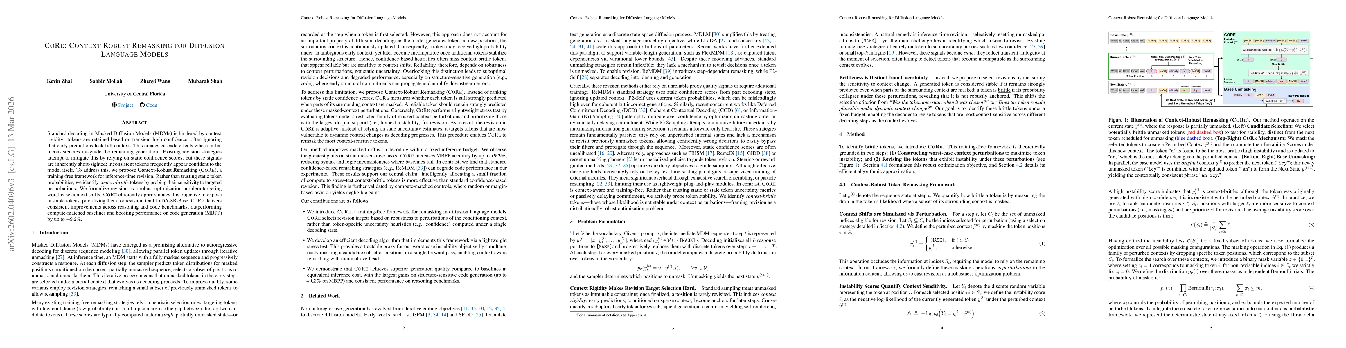 Thumbnail for CoRe: Context-Robust Remasking for Diffusion Language Models