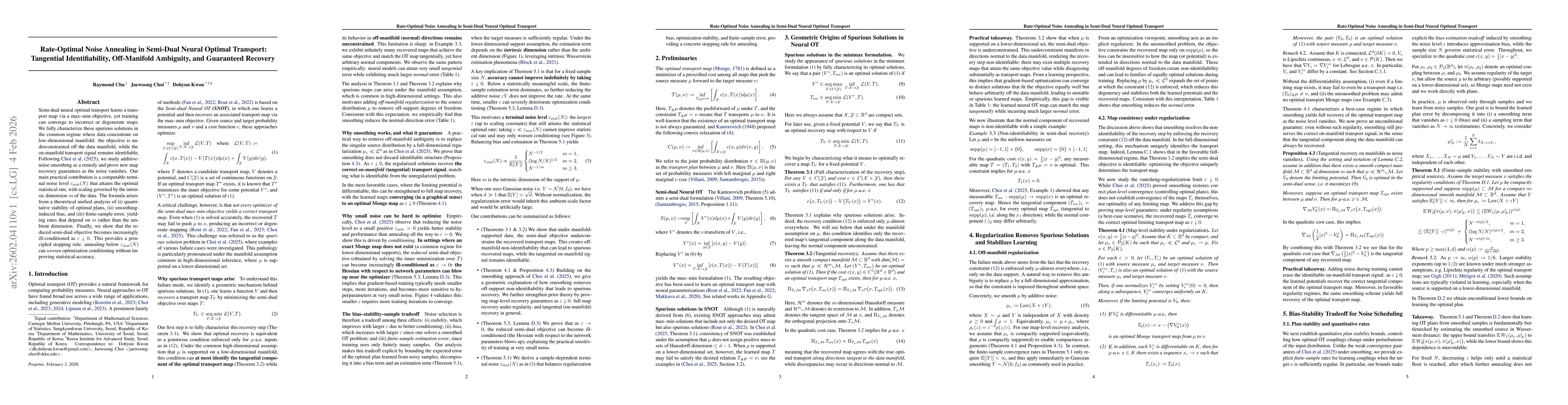 Thumbnail for Rate-Optimal Noise Annealing in Semi-Dual Neural Optimal Transport: Tangential Identifiability, Off-Manifold Ambiguity, and Guaranteed Recovery