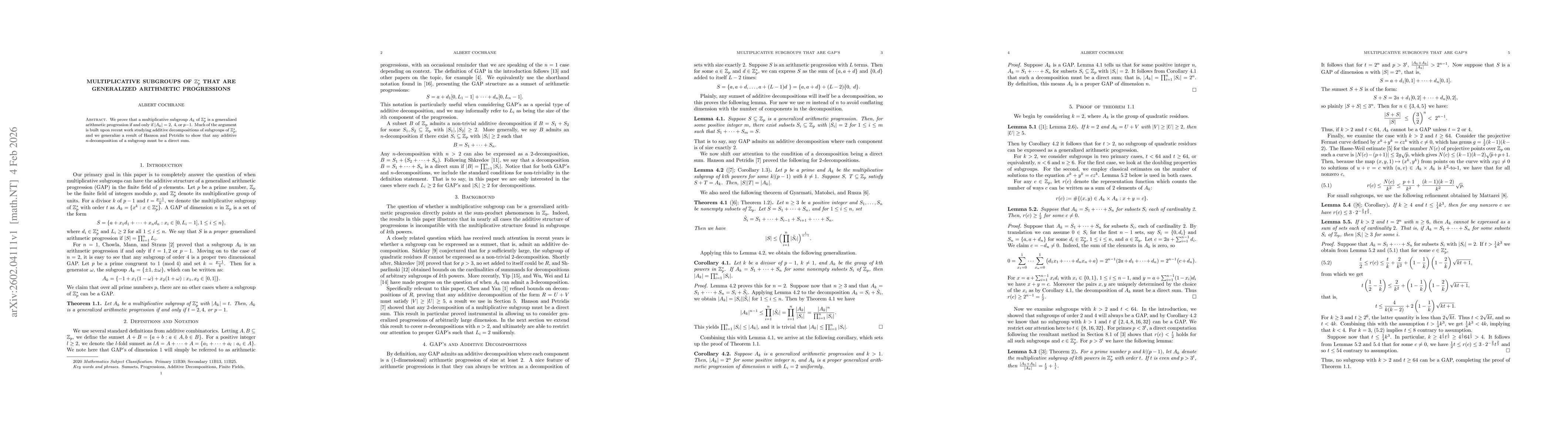 Thumbnail for Multiplicative Subgroups of $\mathbb{Z}_p^*$ that are Generalized Arithmetic Progressions