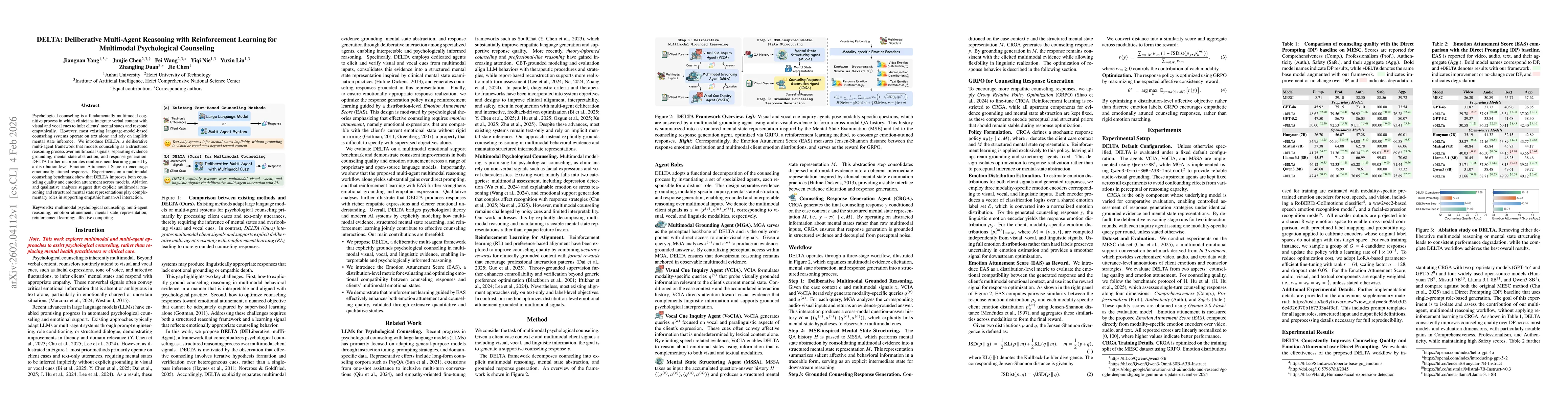 Thumbnail for DELTA: Deliberative Multi-Agent Reasoning with Reinforcement Learning for Multimodal Psychological Counseling