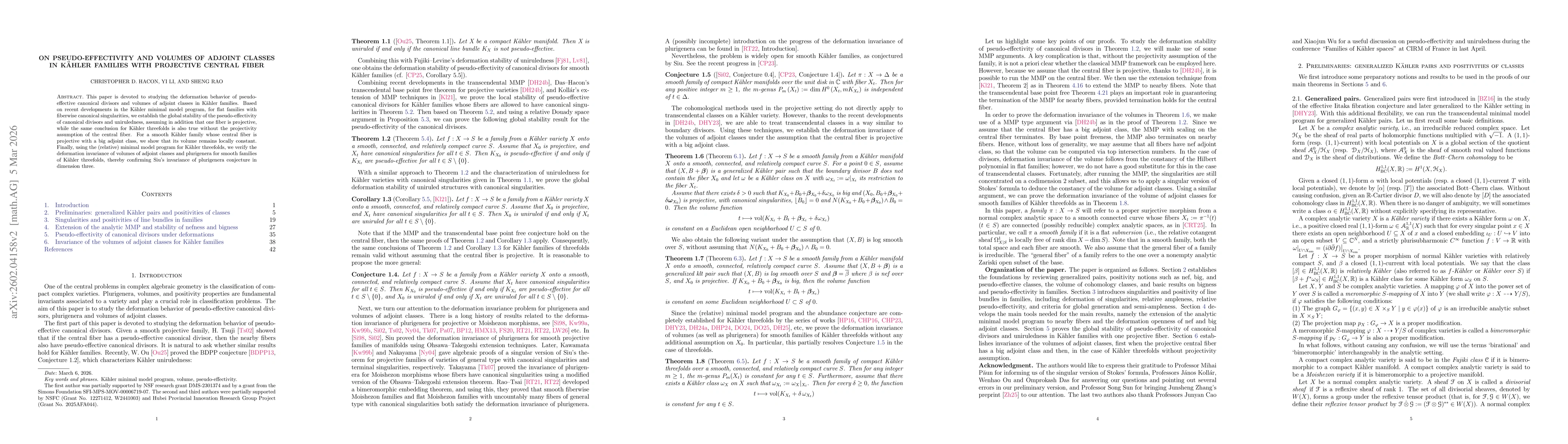 Thumbnail for On Pseudo-Effectivity and Volumes of Adjoint Classes in Kähler Families with Projective Central Fiber