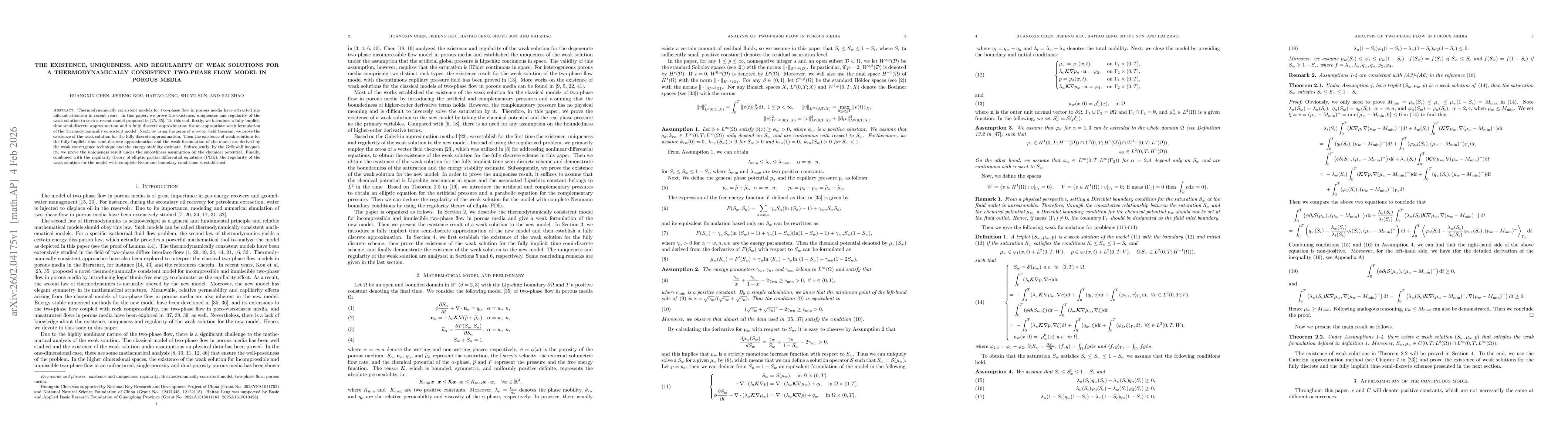 Thumbnail for The Existence, uniqueness, and regularity of weak solutions for a thermodynamically consistent two-phase flow model in porous media