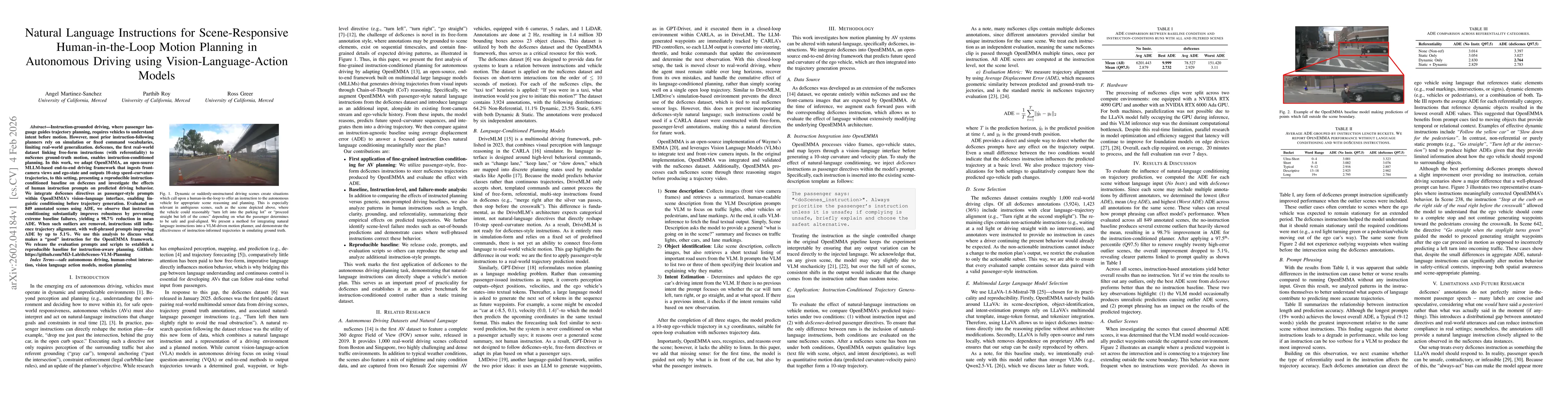 Thumbnail for Natural Language Instructions for Scene-Responsive Human-in-the-Loop Motion Planning in Autonomous Driving using Vision-Language-Action Models