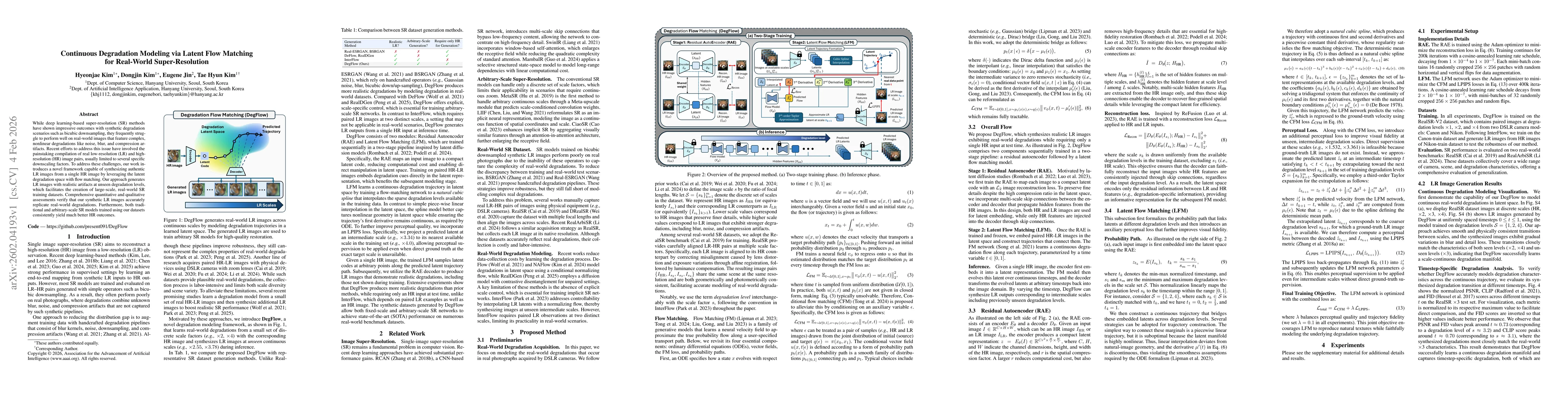 Thumbnail for Continuous Degradation Modeling via Latent Flow Matching for Real-World Super-Resolution