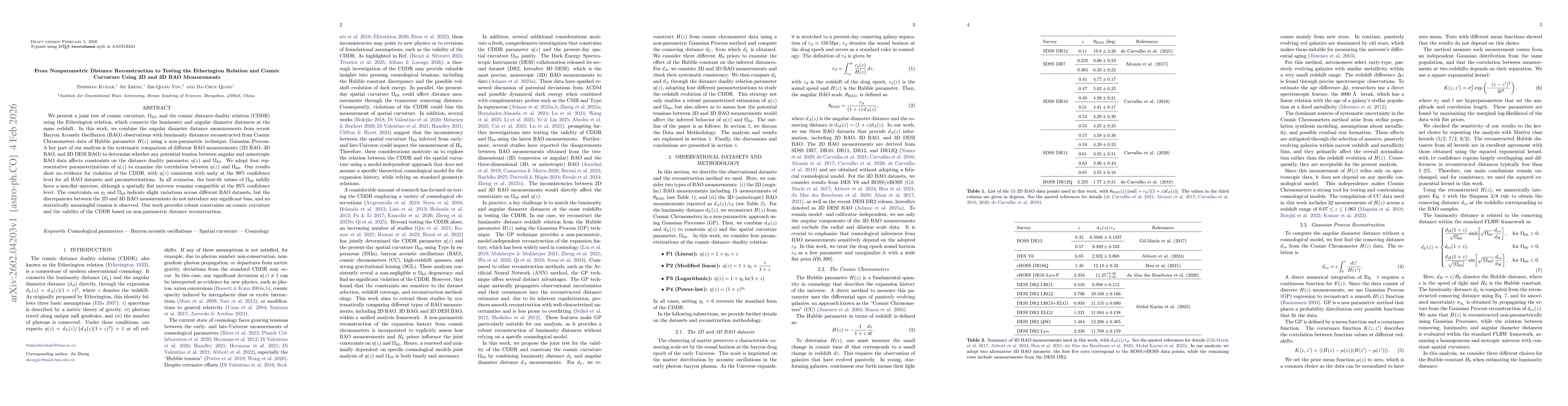 Thumbnail for From Nonparametric Distance Reconstruction to Testing the Etherington Relation and Cosmic Curvature Using 2D and 3D BAO Measurements