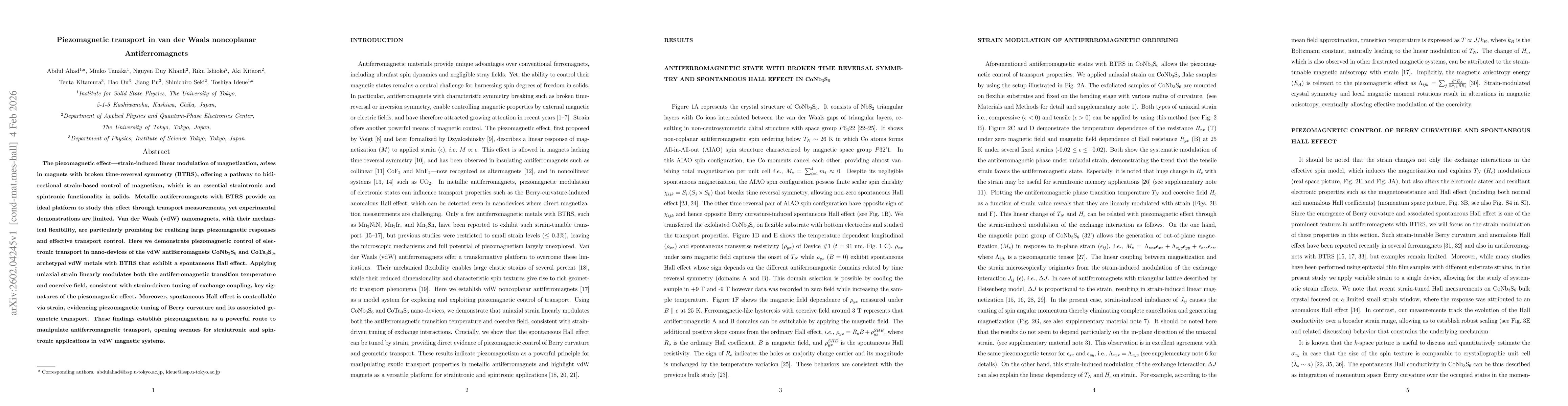 Thumbnail for Piezomagnetic transport in van der Waals noncoplanar Antiferromagnets