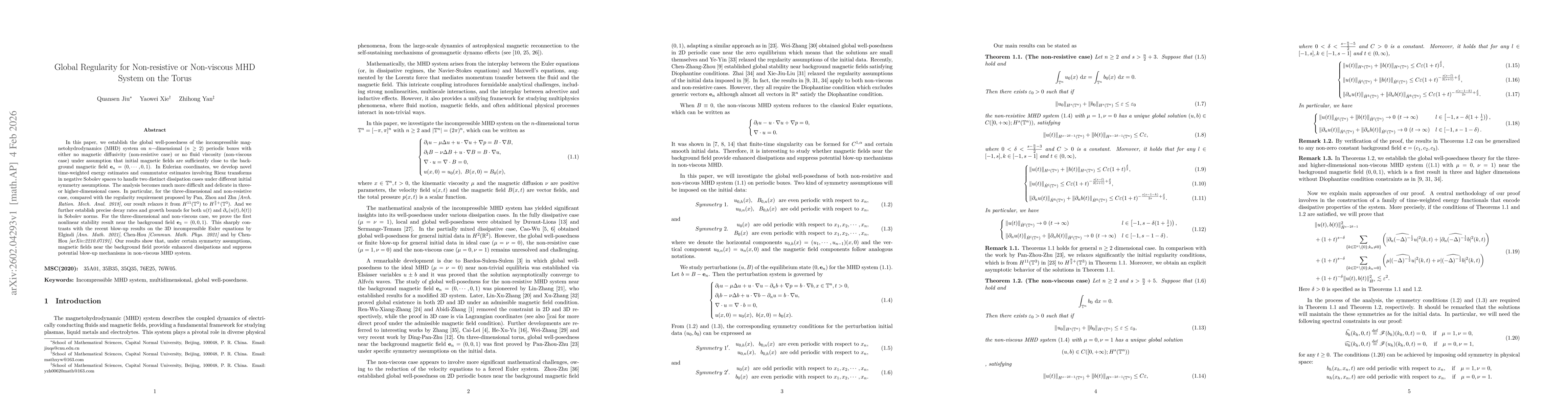 Thumbnail for Global Regularity for Non-resistive or Non-viscous MHD System on the Torus