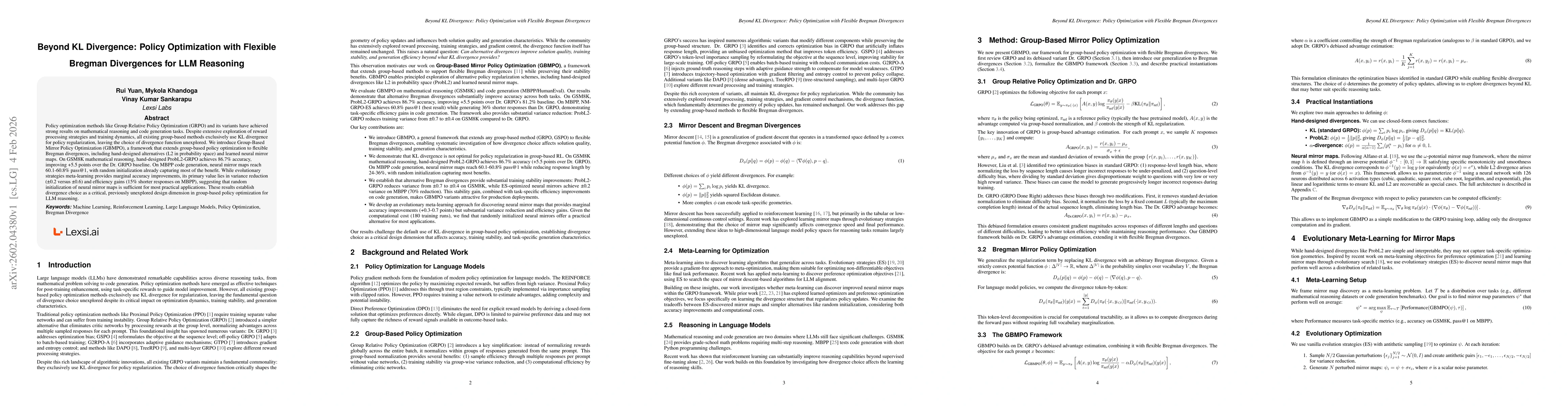 Thumbnail for Beyond KL Divergence: Policy Optimization with Flexible Bregman Divergences for LLM Reasoning