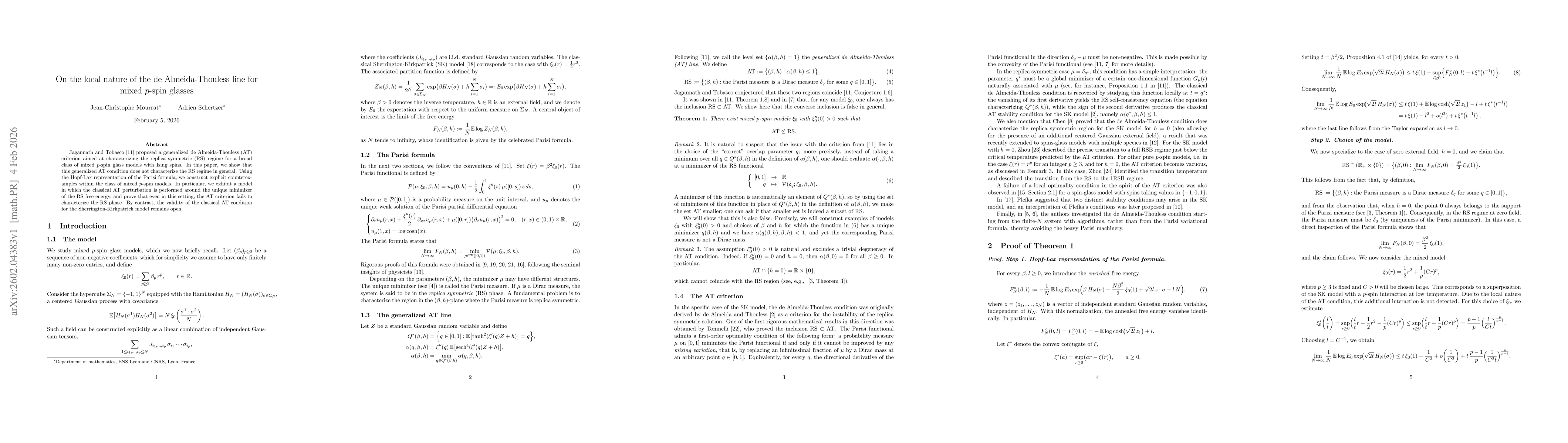 Thumbnail for On the local nature of the de Almeida-Thouless line for mixed \(p\)-spin glasses