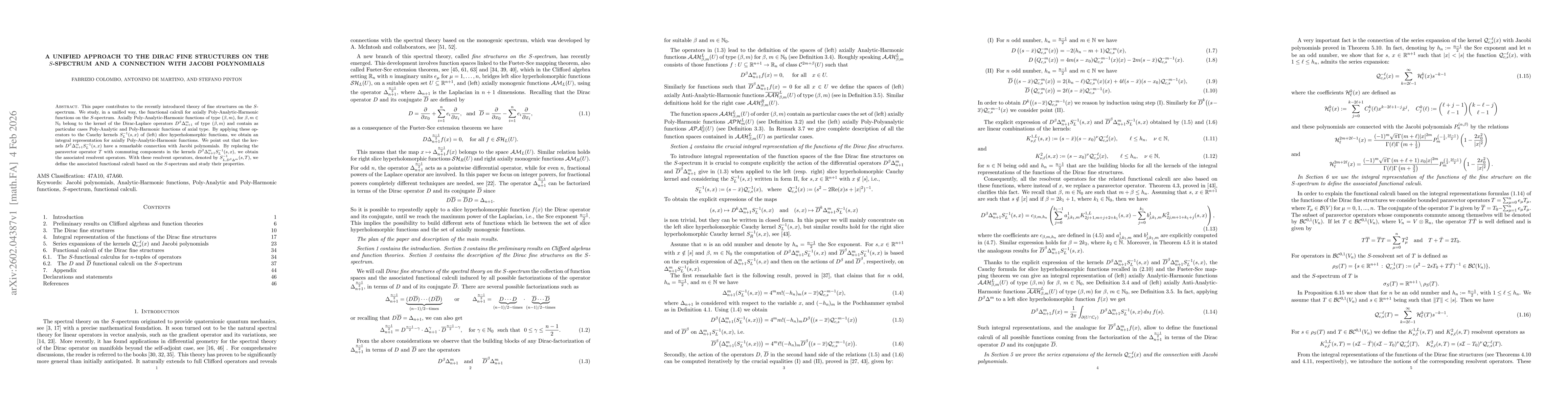 Thumbnail for A unified approach to the Dirac fine structures on the $S$-spectrum and a connection with Jacobi polynomials