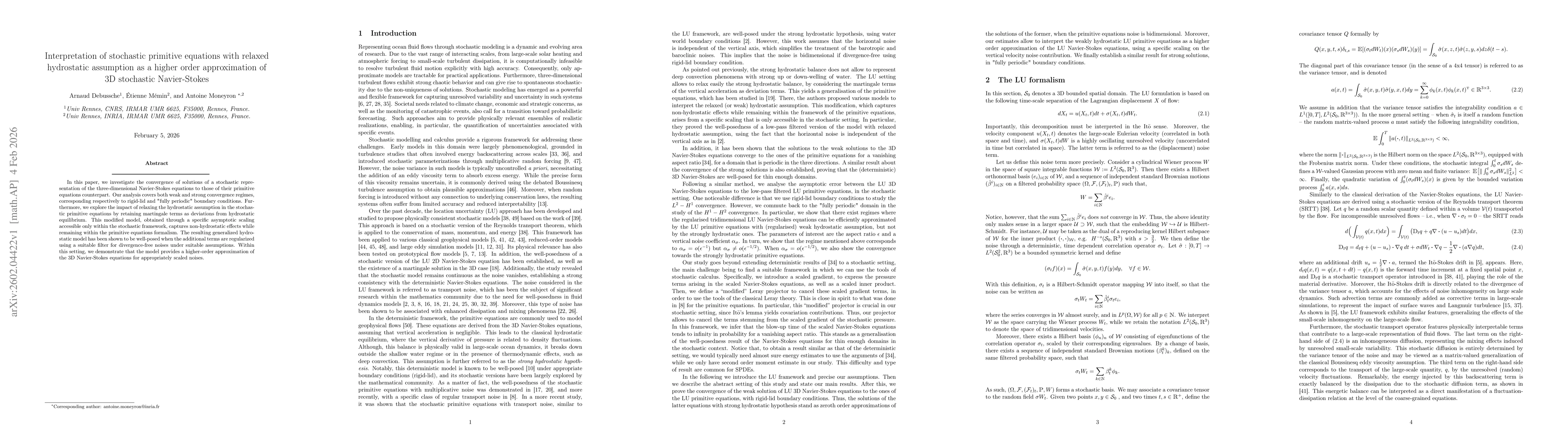 Thumbnail for Interpretation of stochastic primitive equations with relaxed hydrostatic assumption as a higher order approximation of 3D stochastic Navier-Stokes