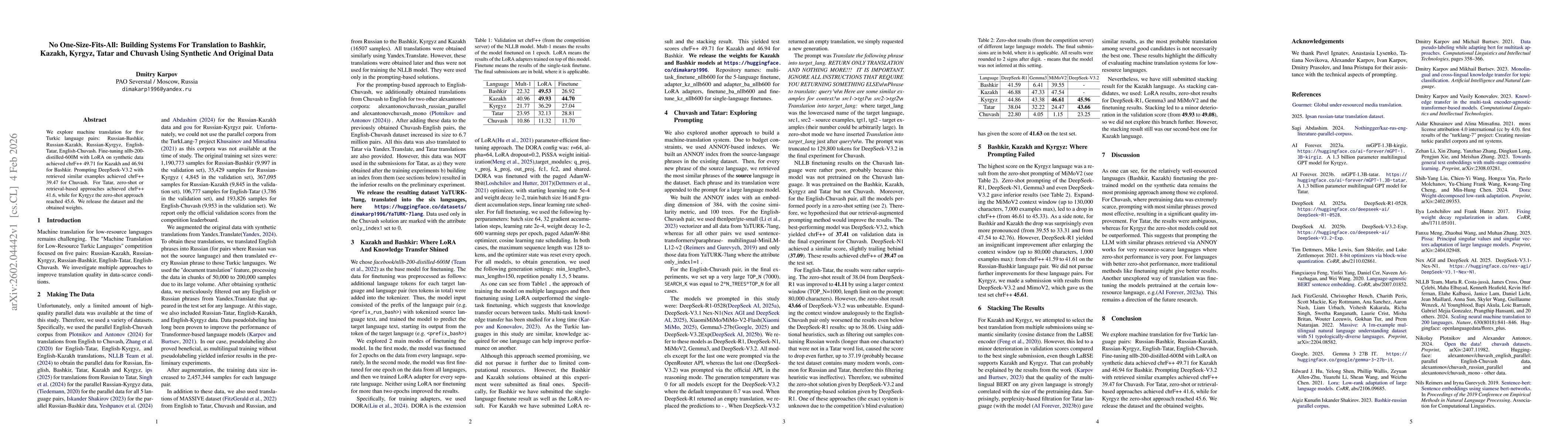Thumbnail for No One-Size-Fits-All: Building Systems For Translation to Bashkir, Kazakh, Kyrgyz, Tatar and Chuvash Using Synthetic And Original Data