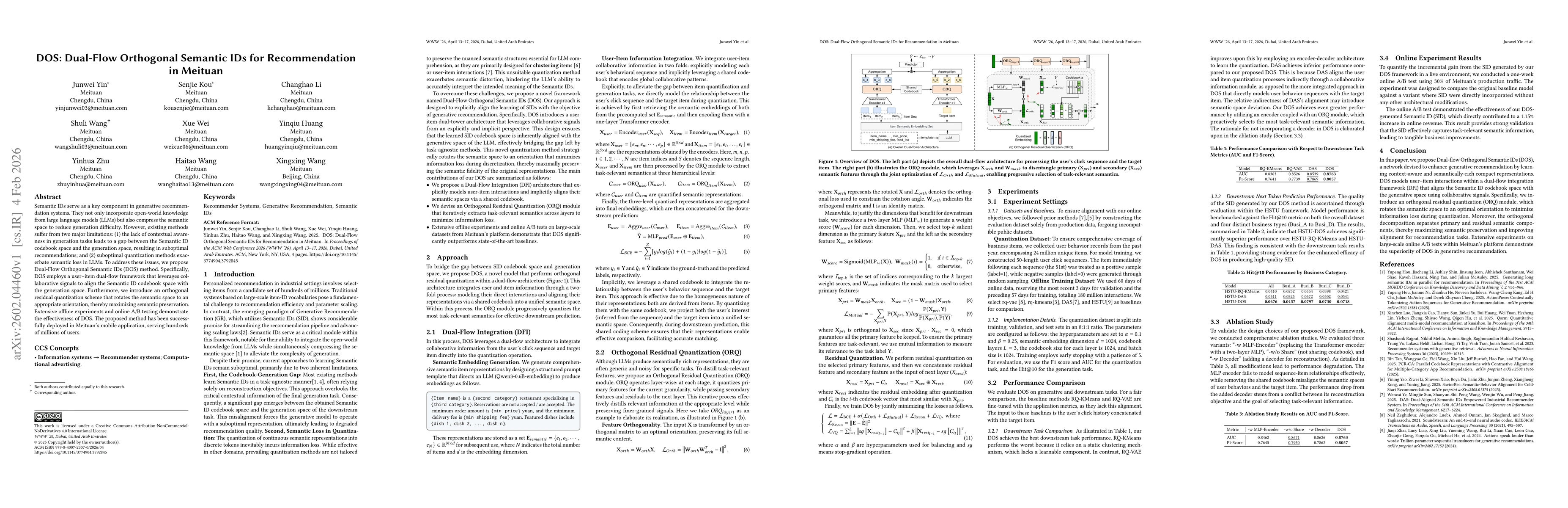 Thumbnail for DOS: Dual-Flow Orthogonal Semantic IDs for Recommendation in Meituan