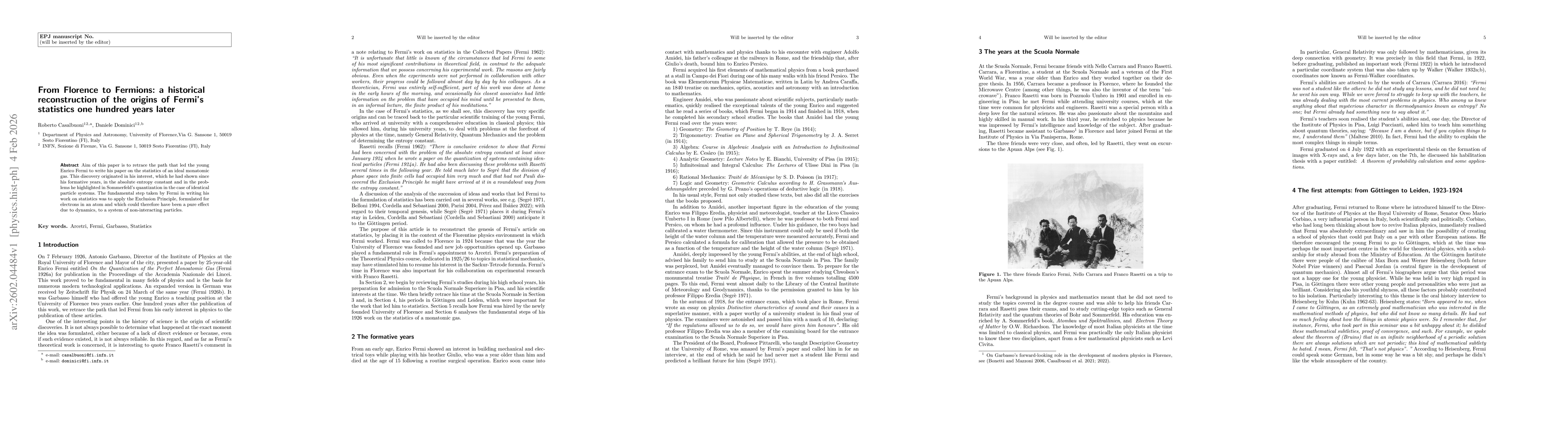 Thumbnail for From Florence to Fermions: a historical reconstruction of the origins of Fermi's statistics one hundred years later
