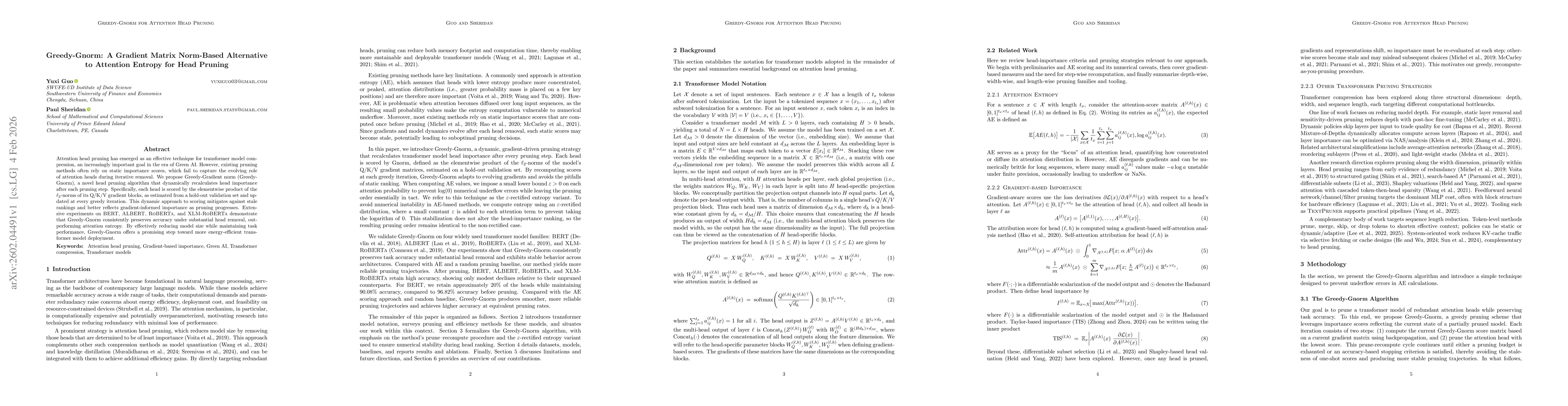 Thumbnail for Greedy-Gnorm: A Gradient Matrix Norm-Based Alternative to Attention Entropy for Head Pruning