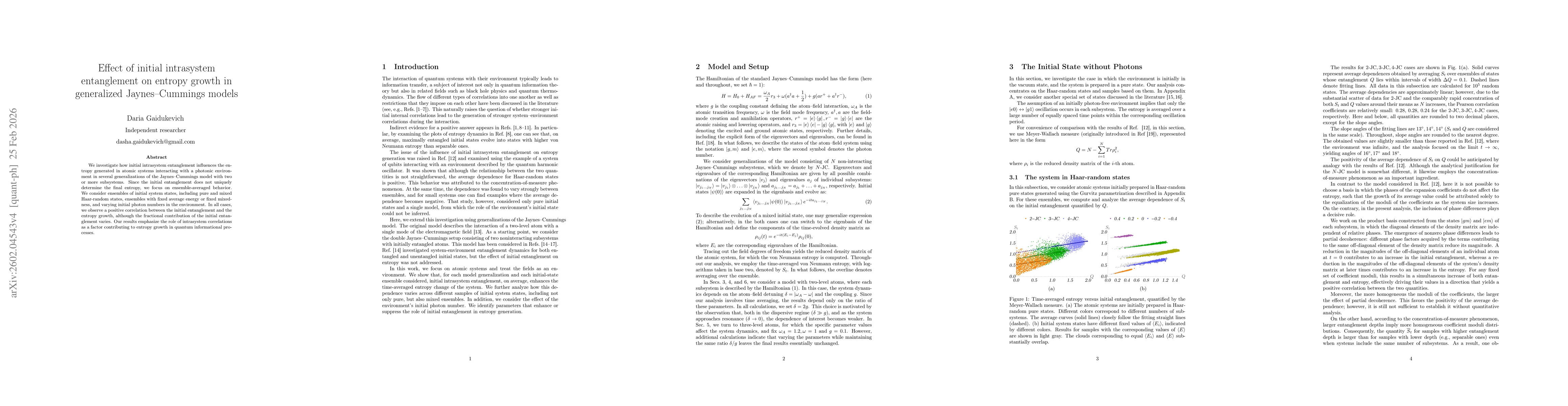 Thumbnail for Effect of initial intrasystem entanglement on entropy growth in generalized Jaynes-Cummings models