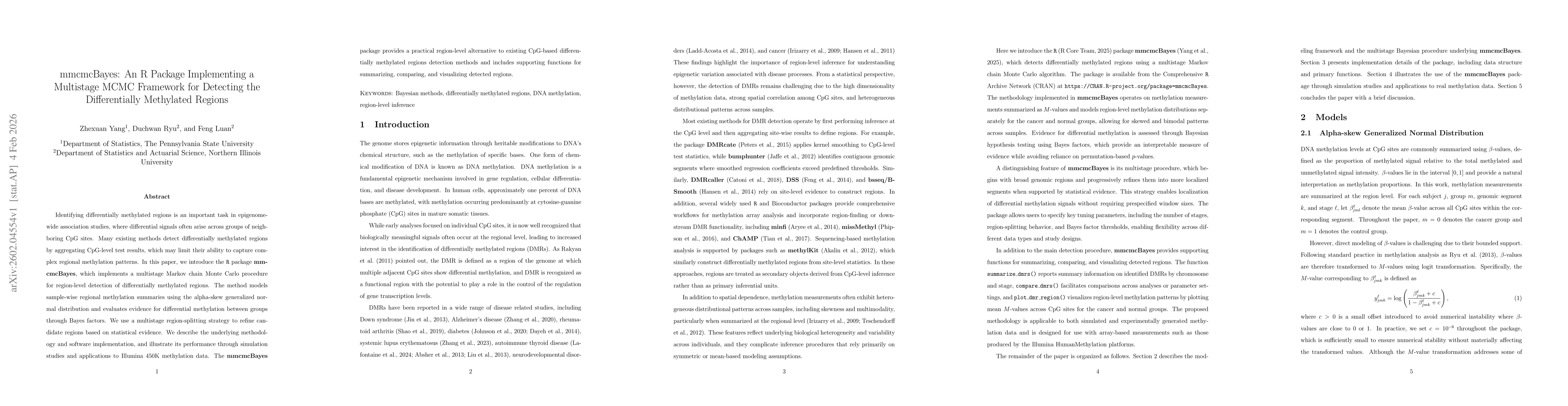 Thumbnail for mmcmcBayes:An R Package Implementing a Multistage MCMC Framework for Detecting the Differentially Methylated Regions