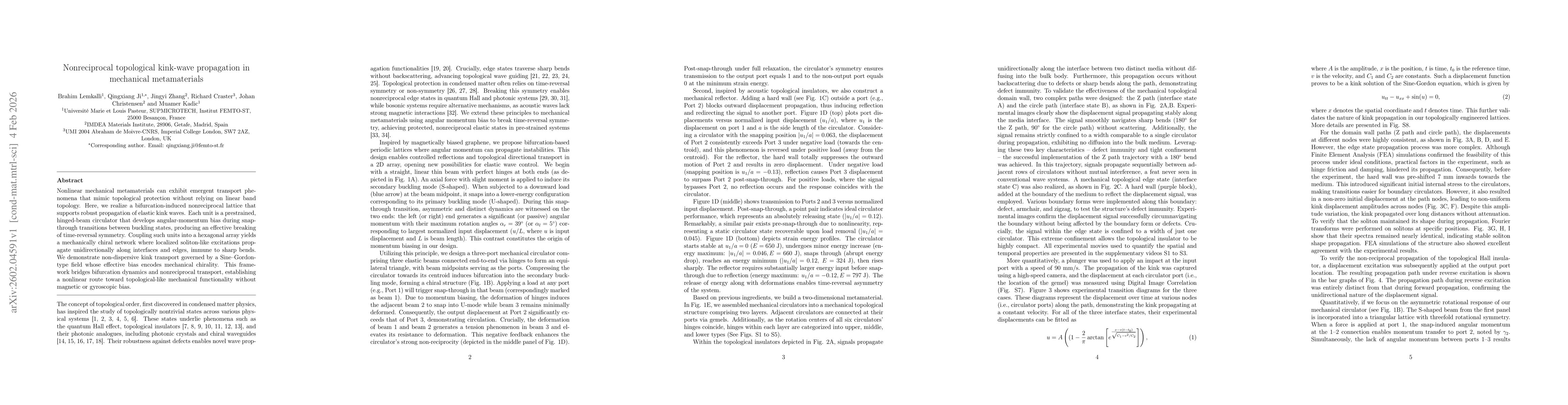 Thumbnail for Nonreciprocal topological kink-wave propagation in mechanical metamaterials