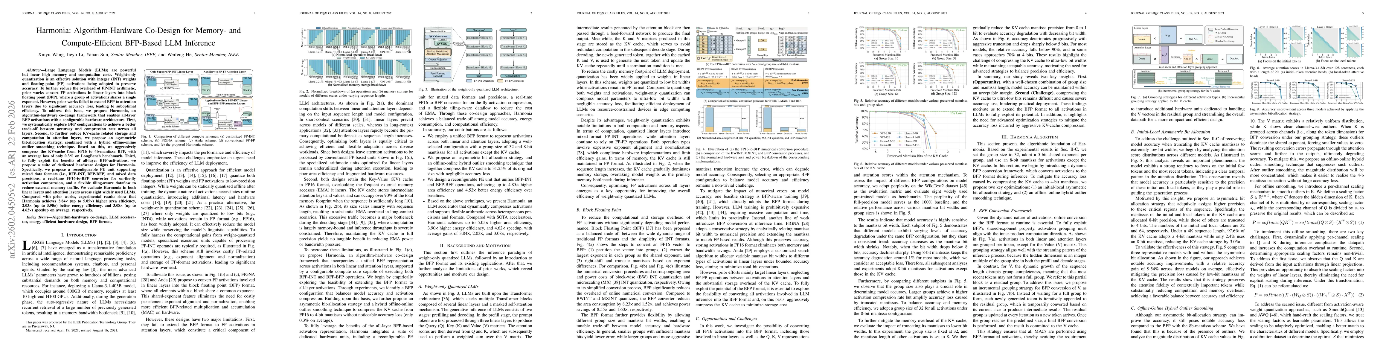 Thumbnail for Harmonia: Algorithm-Hardware Co-Design for Memory- and Compute-Efficient BFP-based LLM Inference