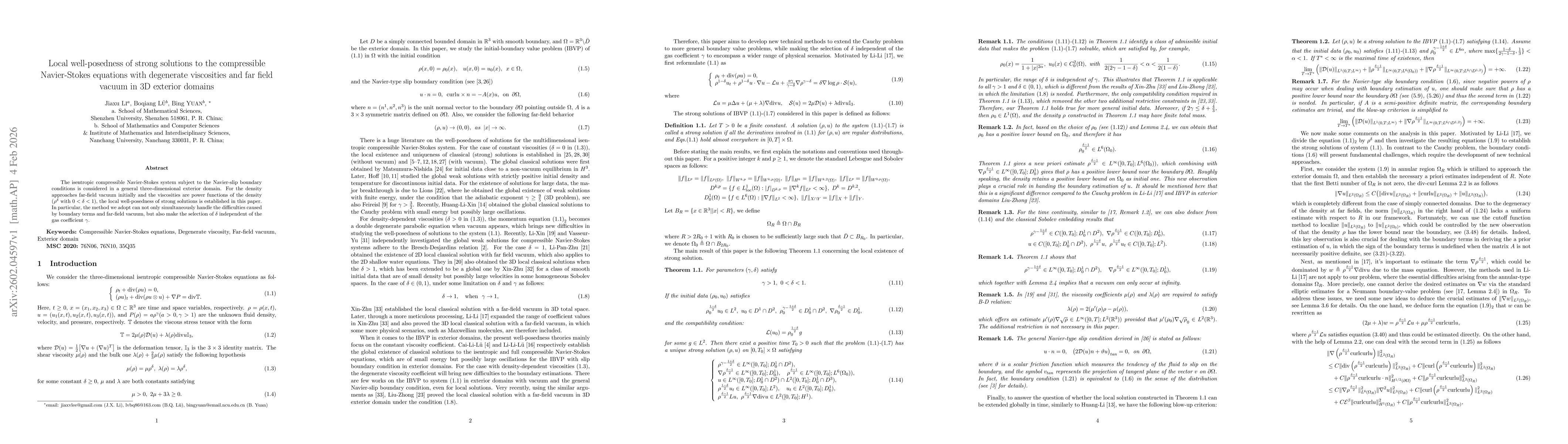 Thumbnail for Local well-posedness of strong solutions to the compressible Navier-Stokes equations with degenerate viscosities and far field vacuum in 3D exterior domains