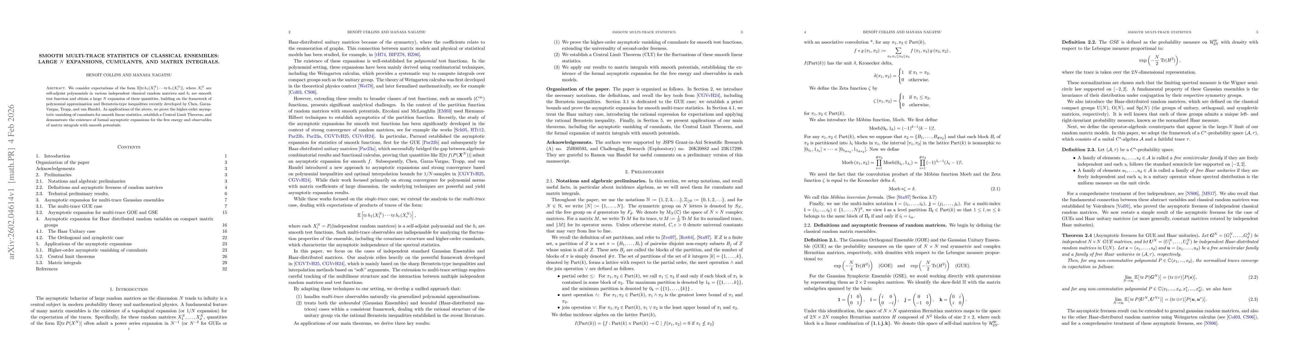 Thumbnail for Smooth Multi-Trace Statistics of Classical Ensembles: Large $N$ Expansions, Cumulants, and Matrix Integrals