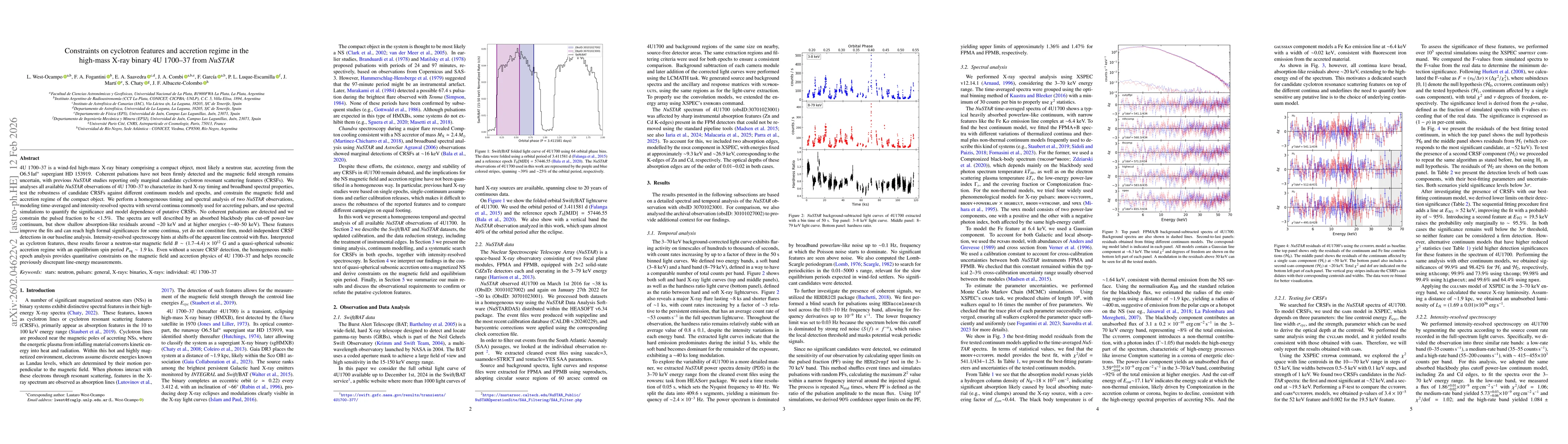 Thumbnail for Constraints on cyclotron features and accretion regime in the high-mass X-ray binary 4U 1700--37 from NuSTAR