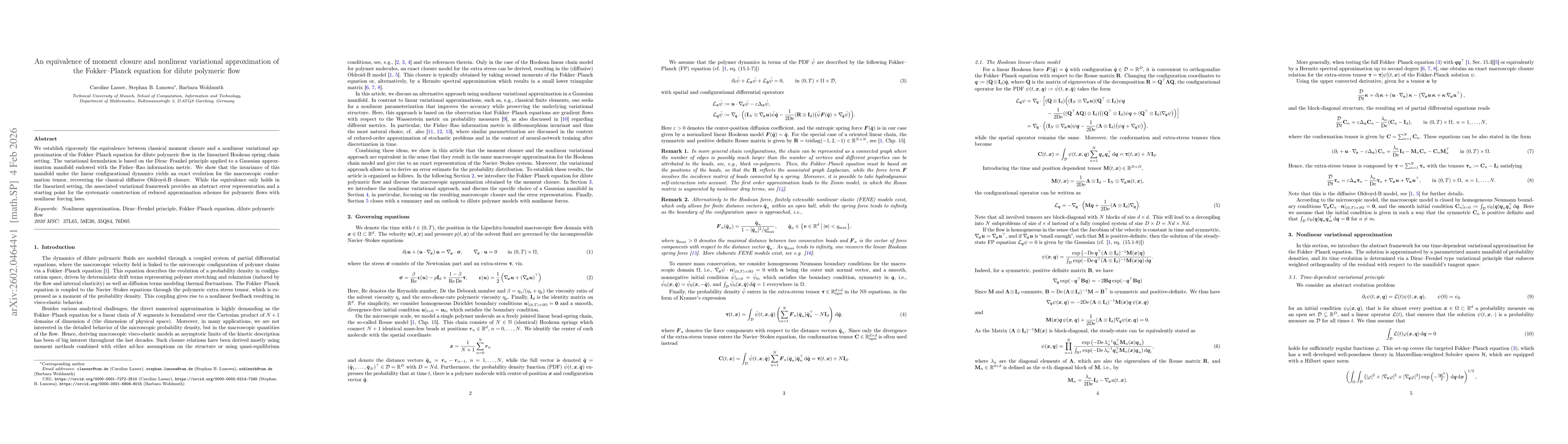 Thumbnail for An equivalence of moment closure and nonlinear variational approximation of the Fokker-Planck equation for dilute polymeric flow