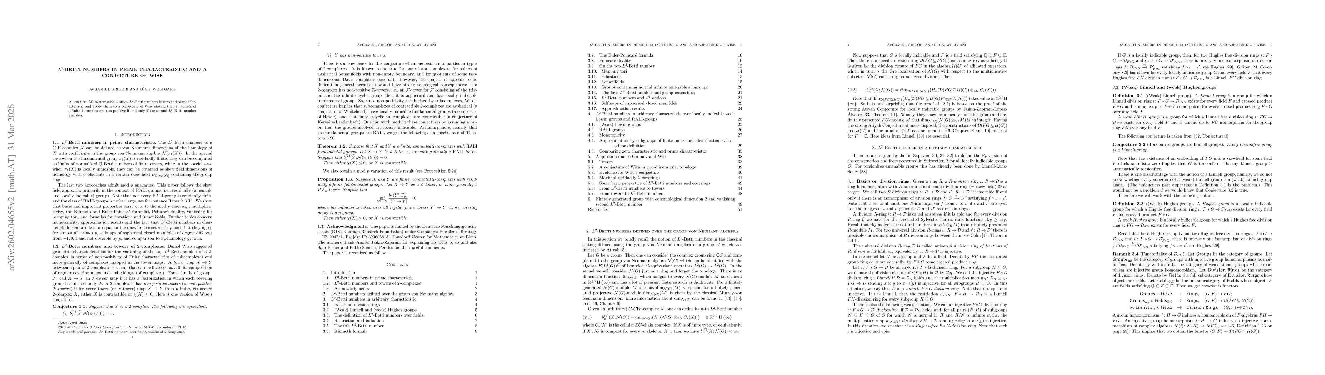 Thumbnail for L^2-Betti numbers in prime characteristic and a conjecture of Wise