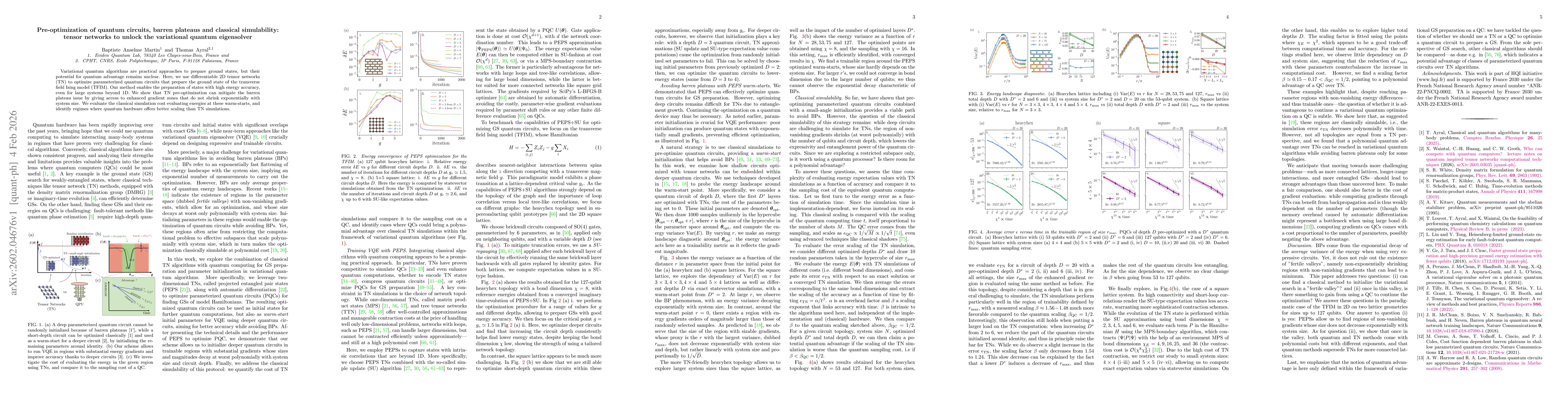 Thumbnail for Pre-optimization of quantum circuits, barren plateaus and classical simulability: tensor networks to unlock the variational quantum eigensolver
