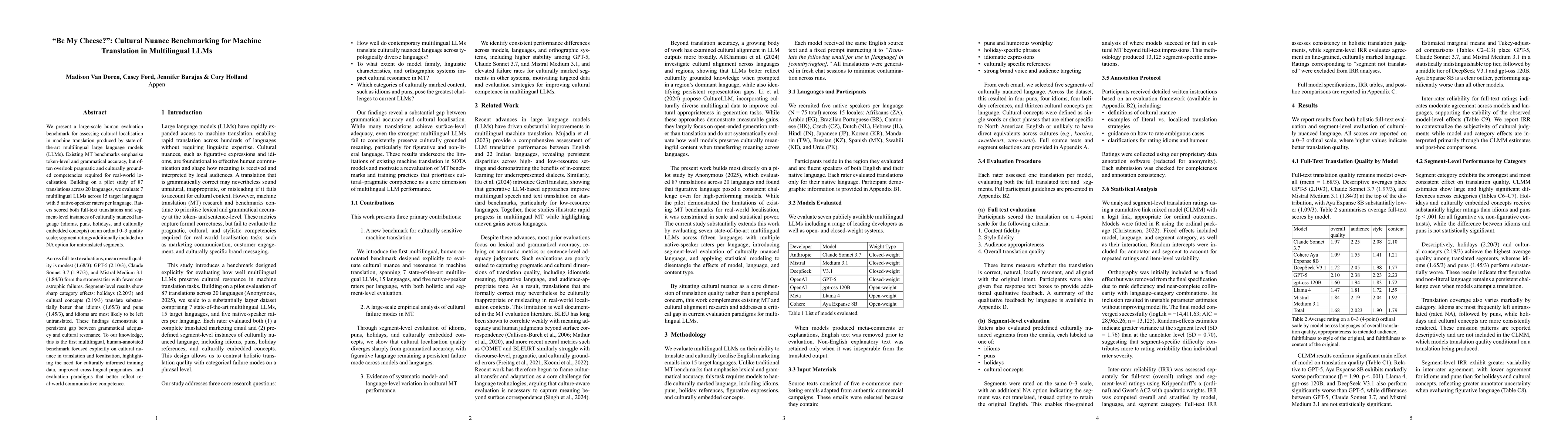 Thumbnail for "Be My Cheese?": Cultural Nuance Benchmarking for Machine Translation in Multilingual LLMs