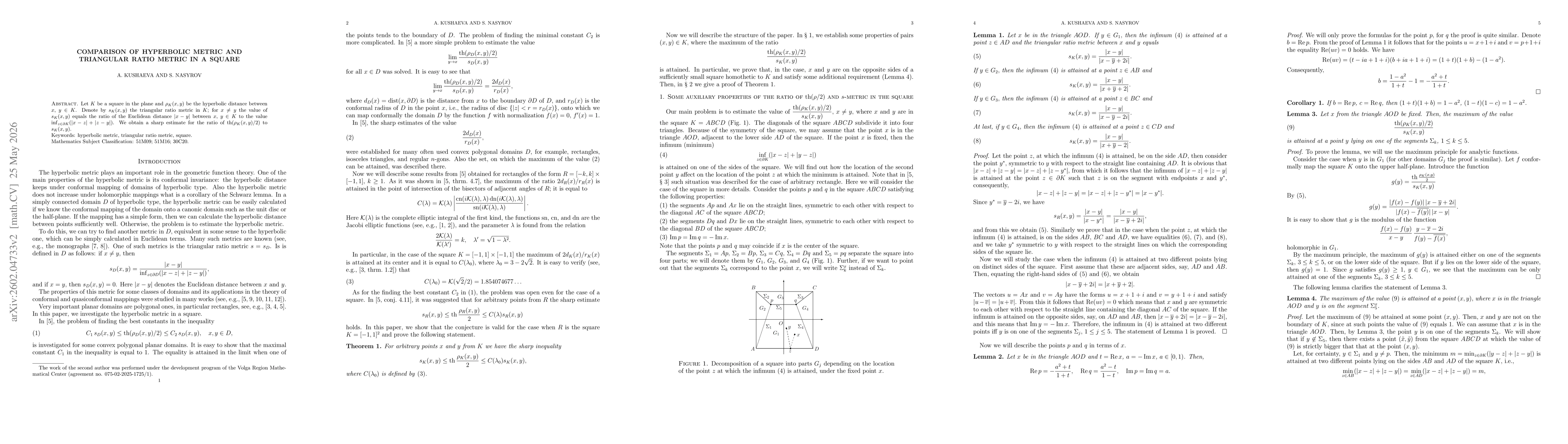 Thumbnail for Comparison of hyperbolic metric and triangular ratio metric in a square