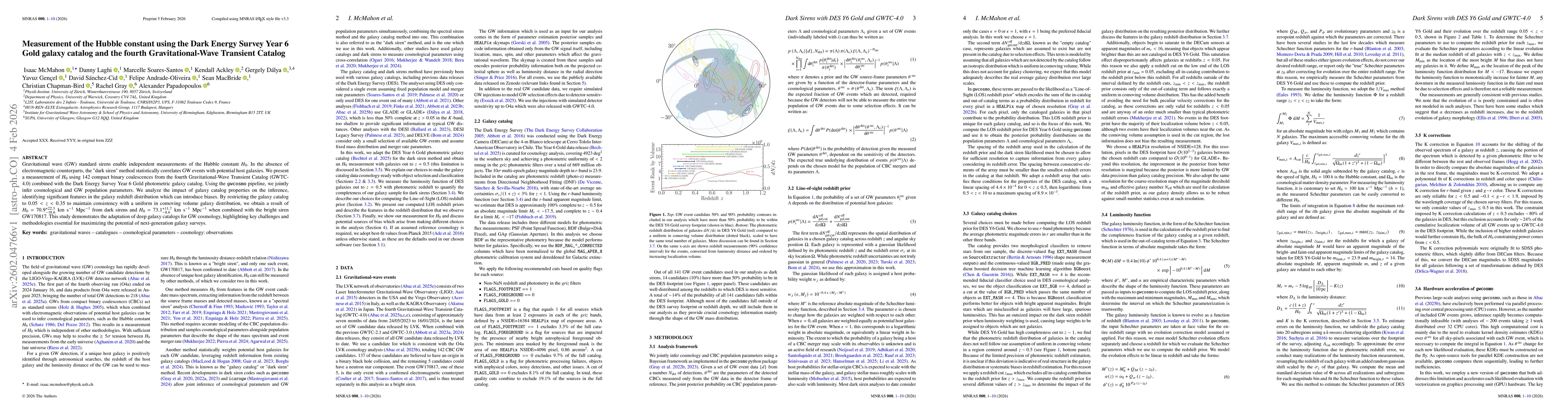 Thumbnail for Measurement of the Hubble constant using the Dark Energy Survey Year 6 Gold galaxy catalog and the fourth Gravitational-Wave Transient Catalog