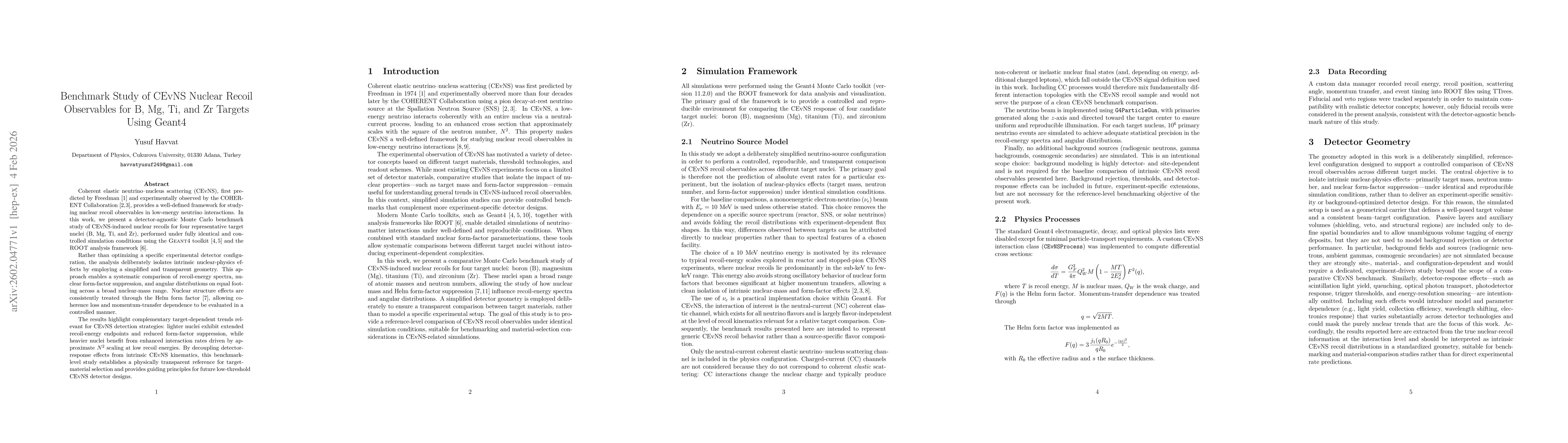 Thumbnail for Benchmark Study of CEvNS Nuclear Recoil Observables for B, Mg, Ti, and Zr Targets Using Geant4