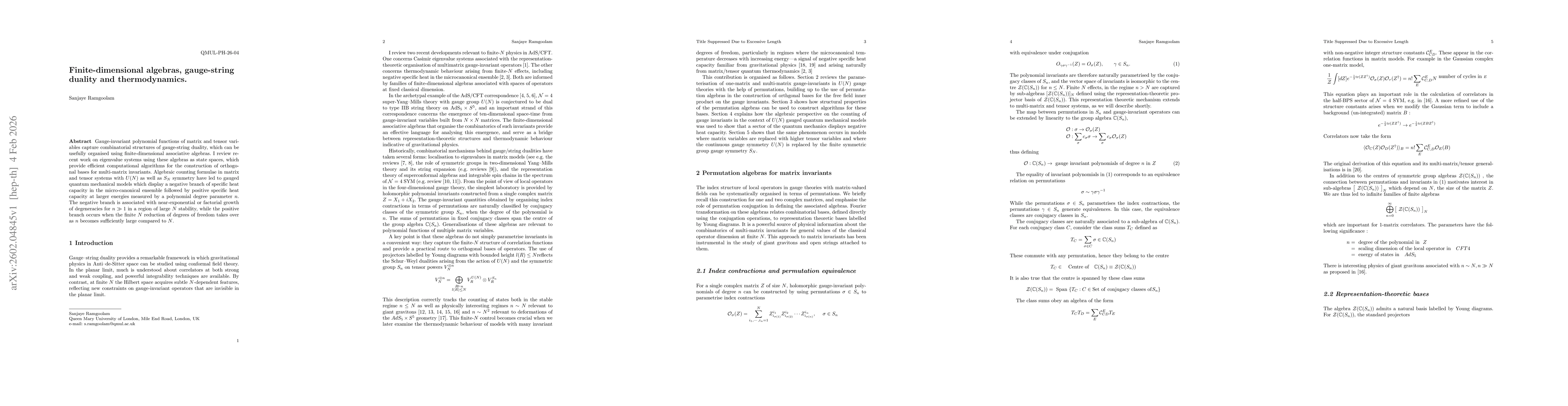 Thumbnail for Finite-dimensional algebras, gauge-string duality and thermodynamics