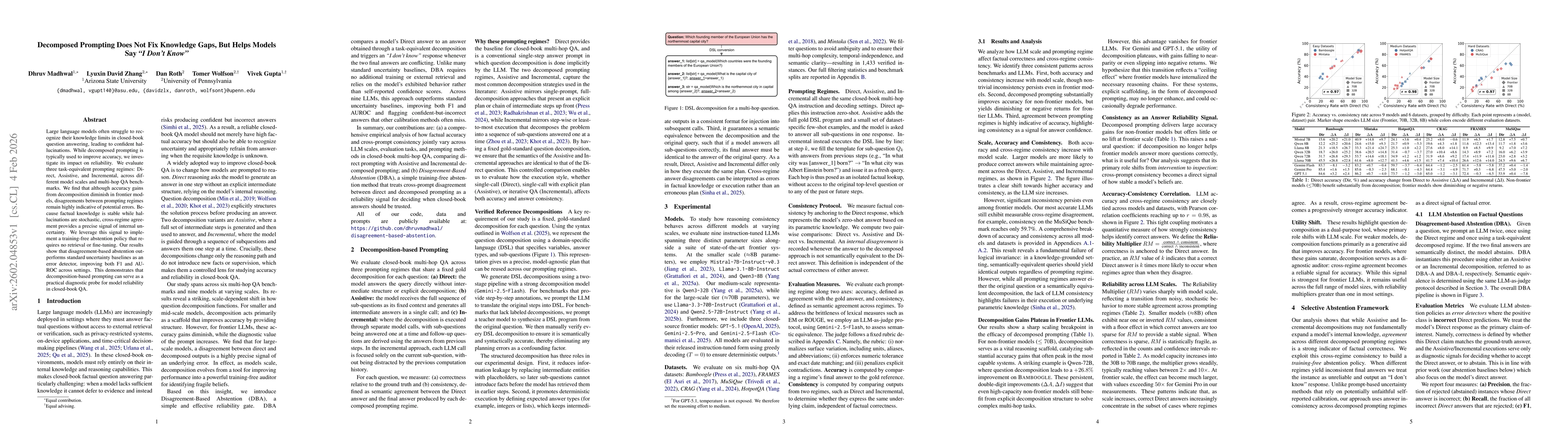 Thumbnail for Decomposed Prompting Does Not Fix Knowledge Gaps, But Helps Models Say "I Don't Know"