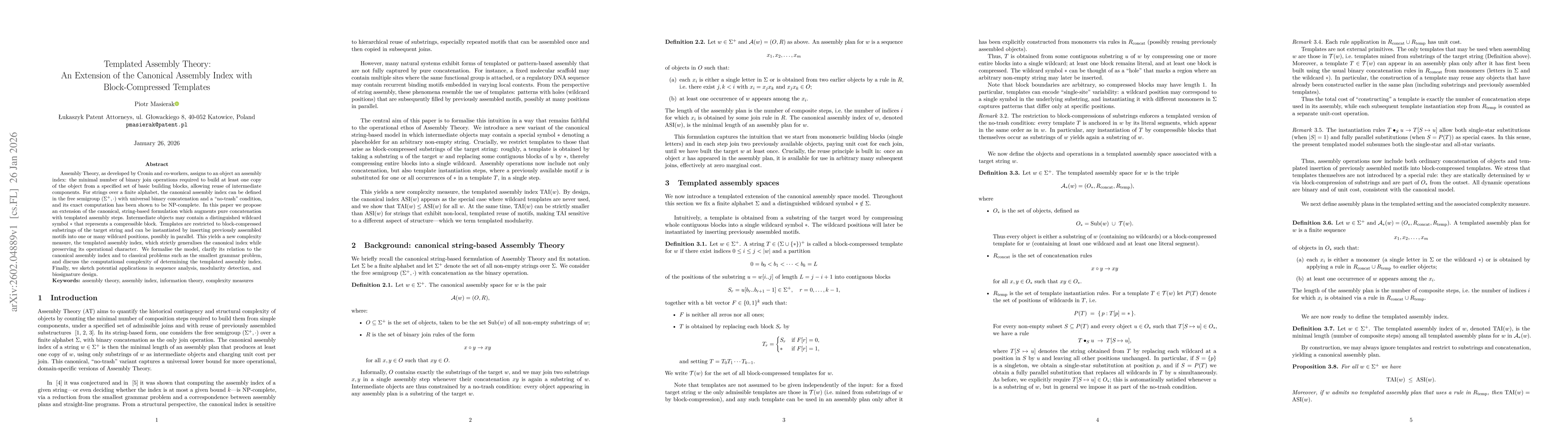 Thumbnail for Templated Assembly Theory: An Extension of the Canonical Assembly Index with Block-Compressed Template